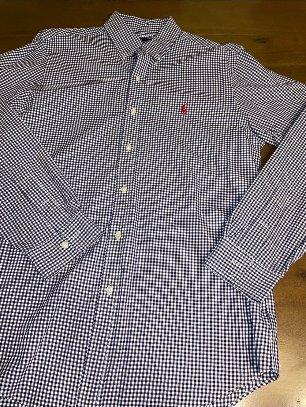 Polo by Ralph Lauren Navy and White Gingham Button-Down Shirt with Red Polo Logo